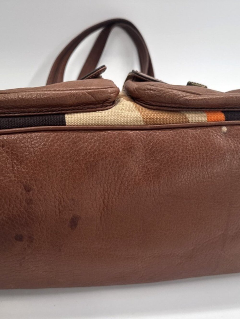 Cole Haan Striped Handbag Brown Leather Canvas Shoulder Aztec Double Handle Boho - Picture 3 of 12